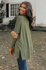 Side Slit High - Low Cowl Neck Long Sleeve Blouse