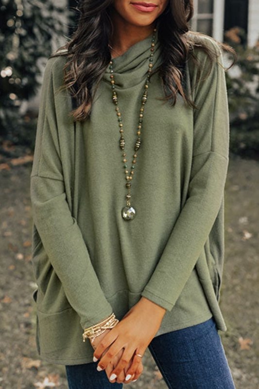 Side Slit High - Low Cowl Neck Long Sleeve Blouse