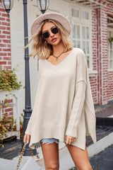 Slit V - Neck Dropped Shoulder Sweater