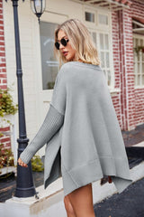 Slit V - Neck Dropped Shoulder Sweater