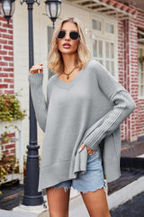 Slit V - Neck Dropped Shoulder Sweater