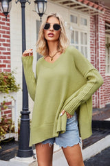 Slit V - Neck Dropped Shoulder Sweater