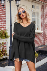 Slit V - Neck Dropped Shoulder Sweater