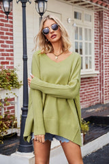 Slit V - Neck Dropped Shoulder Sweater