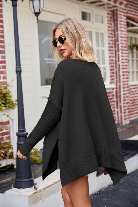 Slit V - Neck Dropped Shoulder Sweater