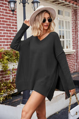 Slit V - Neck Dropped Shoulder Sweater