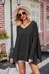 Slit V - Neck Dropped Shoulder Sweater