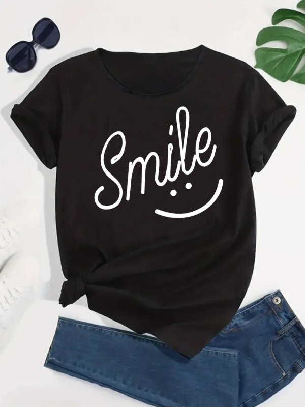 SMILE Round Neck Short Sleeve T-Shirt - Cute Little Wish
