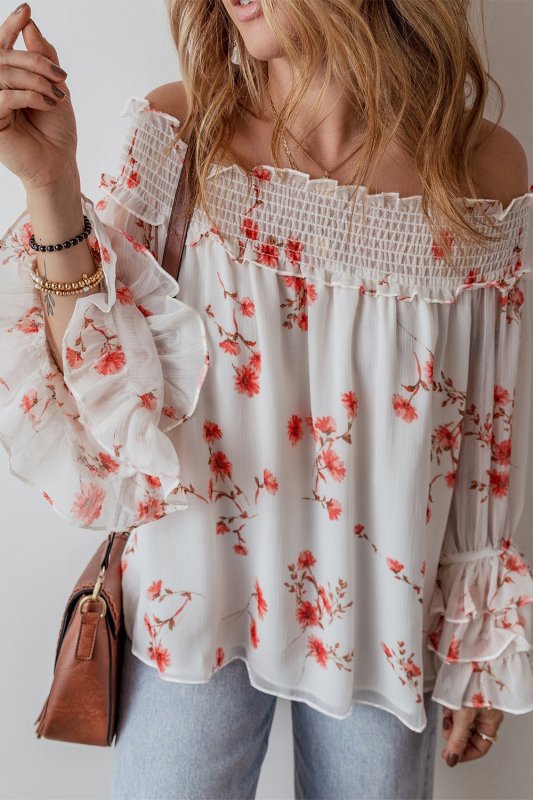 Smocked Floral Off - Shoulder Flounce Sleeve Blouse