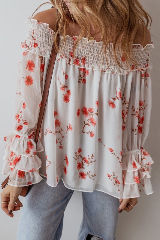 Smocked Floral Off - Shoulder Flounce Sleeve Blouse