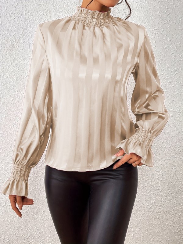 Smocked Mock Neck Long Sleeve Blouse - Cute Little Wish