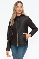 Snobbish Faux Leather Biker Jacket with Side Zip Pockets