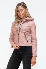 Snobbish Faux Leather Zip Up Drawstring Hooded Jacket