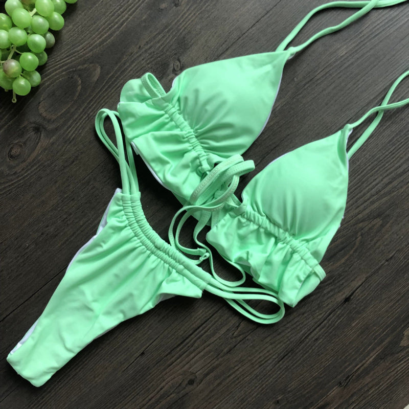 Solid Color Two-Piece Lace-up Sexy Swimsuit Bikini - Cute Little Wish