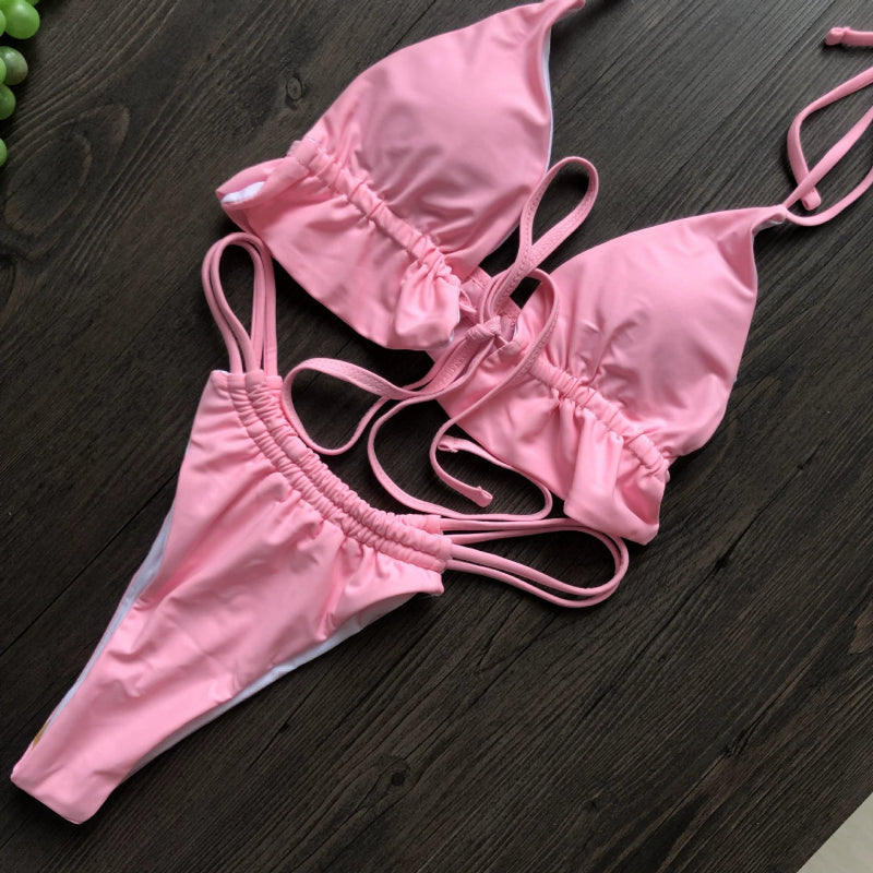 Solid Color Two-Piece Lace-up Sexy Swimsuit Bikini - Cute Little Wish