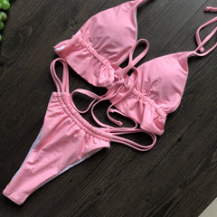 Solid Color Two-Piece Lace-up Sexy Swimsuit Bikini - Cute Little Wish