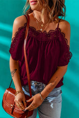 Spaghetti Strap Cold-Shoulder Lace Trim Blouse - Cute Little Wish