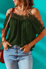 Spaghetti Strap Cold-Shoulder Lace Trim Blouse - Cute Little Wish