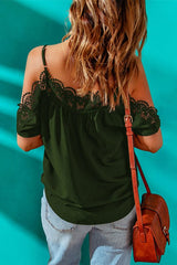 Spaghetti Strap Cold-Shoulder Lace Trim Blouse - Cute Little Wish