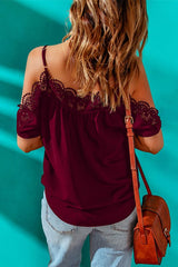 Spaghetti Strap Cold-Shoulder Lace Trim Blouse - Cute Little Wish