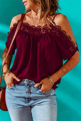 Spaghetti Strap Cold-Shoulder Lace Trim Blouse - Cute Little Wish