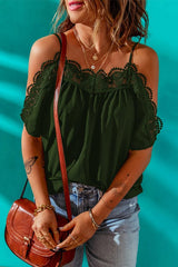 Spaghetti Strap Cold-Shoulder Lace Trim Blouse - Cute Little Wish