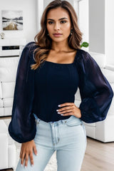 Square Neck Balloon Sleeve Blouse - Cute Little Wish