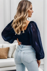 Square Neck Balloon Sleeve Blouse - Cute Little Wish