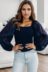 Square Neck Balloon Sleeve Blouse - Cute Little Wish