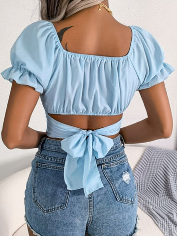Square Neck Crisscross Flounce Sleeve Cropped Top - Cute Little Wish