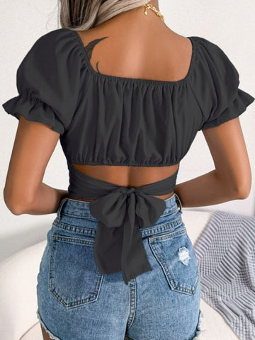Square Neck Crisscross Flounce Sleeve Cropped Top - Cute Little Wish