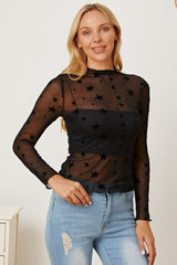 Star Pattern Mock Neck Long Sleeve Blouse - Cute Little Wish