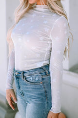 Star Pattern Mock Neck Long Sleeve Blouse - Cute Little Wish