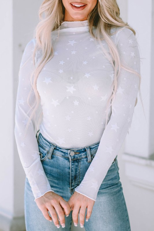 Star Pattern Mock Neck Long Sleeve Blouse - Cute Little Wish