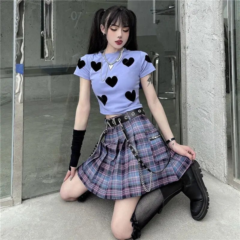 Streetwear Harajuku Plaid Pleated Skirt - Vintage Gothic with Belt - Cute Little Wish