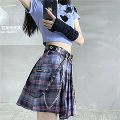 Streetwear Harajuku Plaid Pleated Skirt - Vintage Gothic with Belt - Cute Little Wish