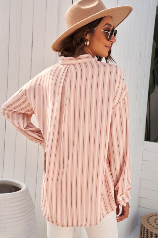 Striped Button-Up Dropped Shoulder Shirt - Cute Little Wish