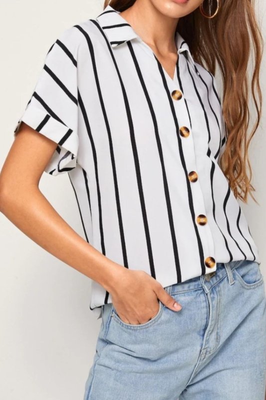 Striped Button Up Short Sleeve Shirt - Cute Little Wish