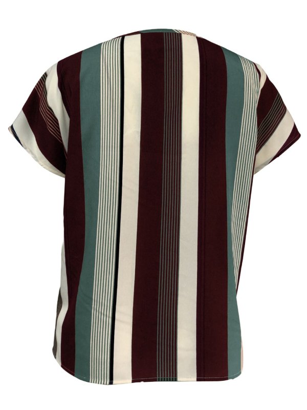 Striped Notched Short Sleeve Blouse - Cute Little Wish