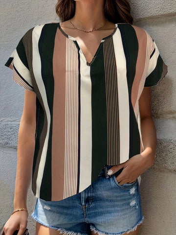 Striped Notched Short Sleeve Blouse - Cute Little Wish