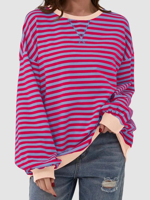 Striped Round Neck Long Sleeve T-Shirt - Cute Little Wish