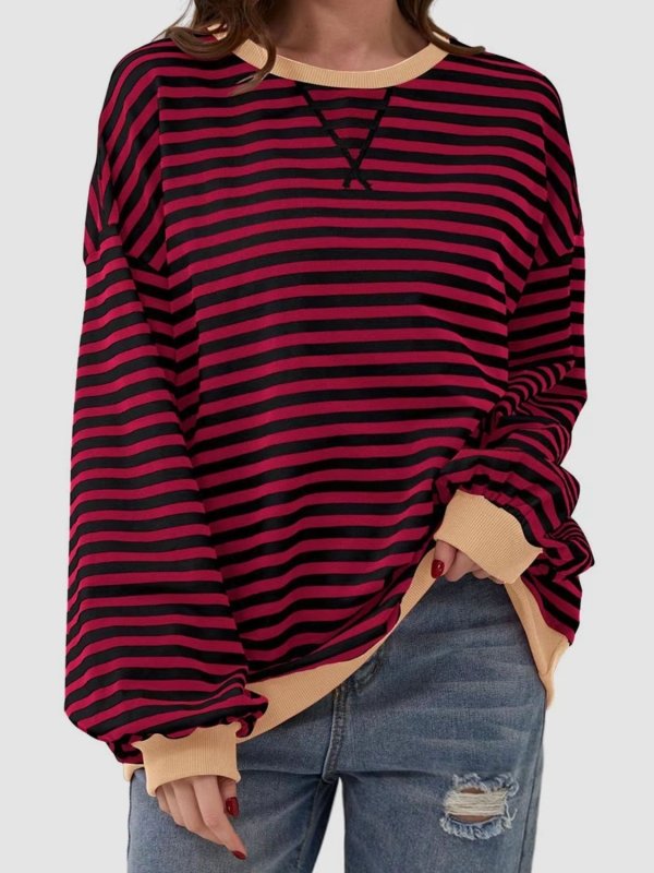 Striped Round Neck Long Sleeve T-Shirt - Cute Little Wish