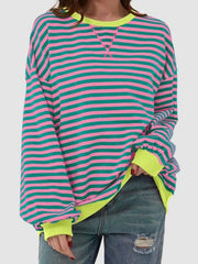 Striped Round Neck Long Sleeve T-Shirt - Cute Little Wish