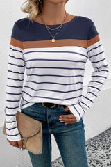 Striped Round Neck Long Sleeve T-Shirt - Cute Little Wish