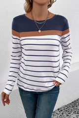 Striped Round Neck Long Sleeve T-Shirt - Cute Little Wish