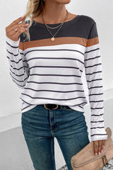 Striped Round Neck Long Sleeve T-Shirt - Cute Little Wish