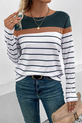 Striped Round Neck Long Sleeve T-Shirt - Cute Little Wish