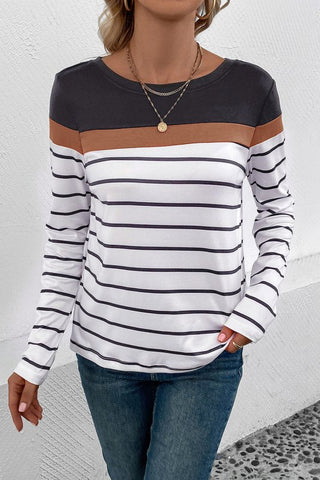 Striped Round Neck Long Sleeve T-Shirt - Cute Little Wish