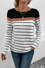 Striped Round Neck Long Sleeve T-Shirt - Cute Little Wish