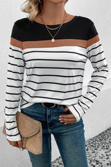 Striped Round Neck Long Sleeve T-Shirt - Cute Little Wish